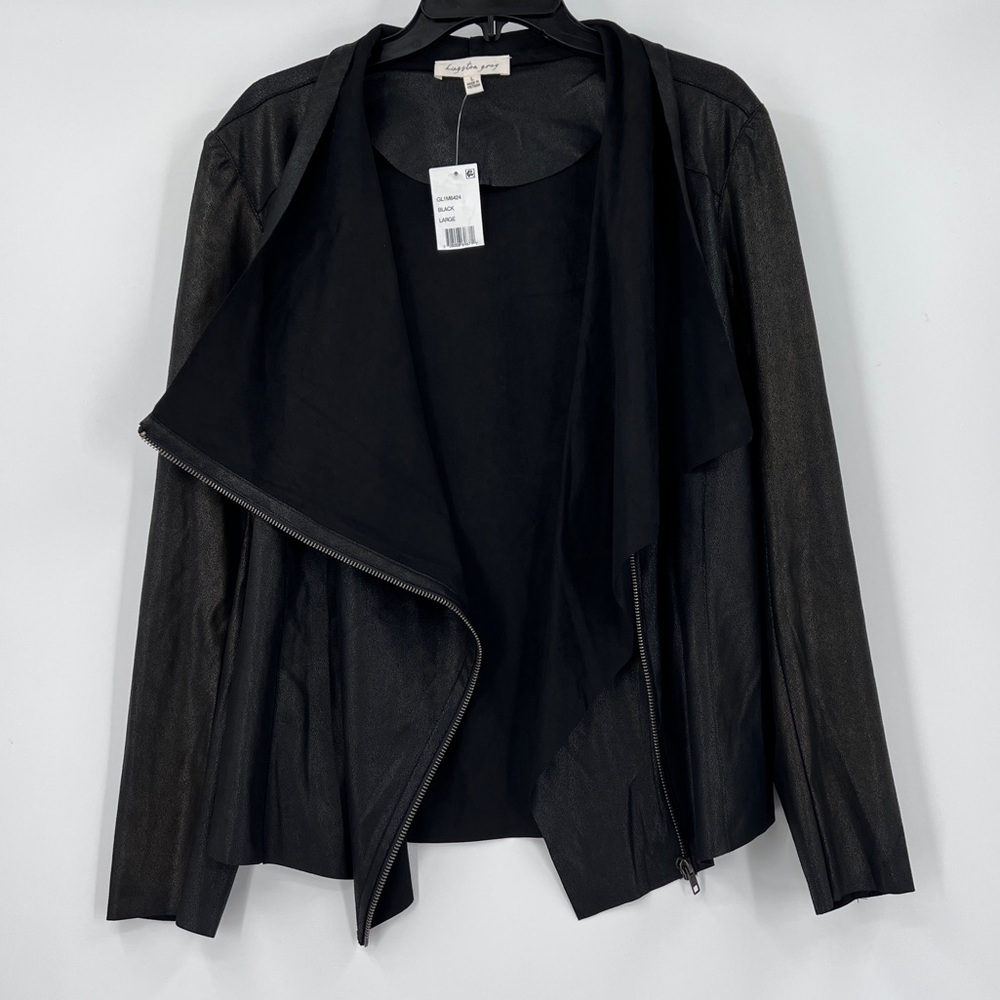 Kingston Grey Faux Leather Draped Jacket in Metallic Black Size Large NWT - Picture 7 of 11